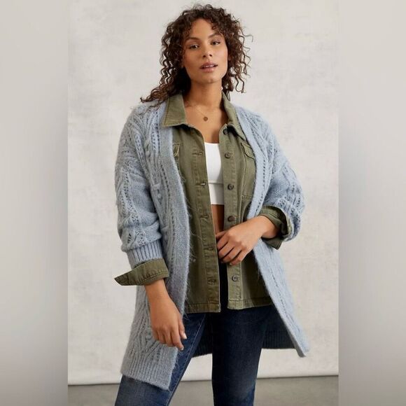 Anthropologie Nuria Cable Knit Cardigan Sweater Blue Women XS Petite Cozy Fuzzy - Picture 2 of 11